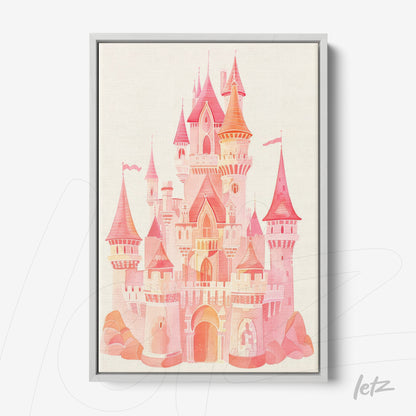 framed art print of a pink and orange castle illustration with a silver frame