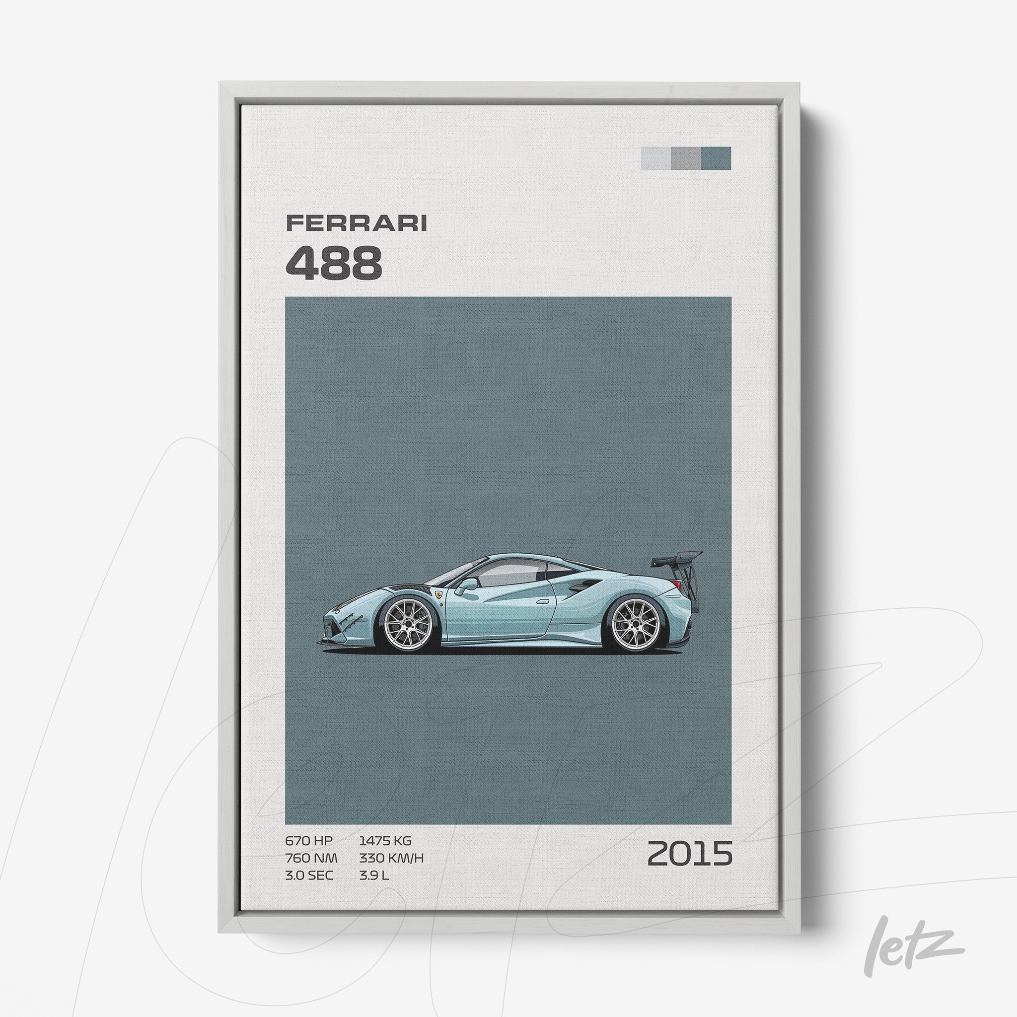 framed wall art featuring a stylized illustration of Ferrari 488 on blue background with gray frame