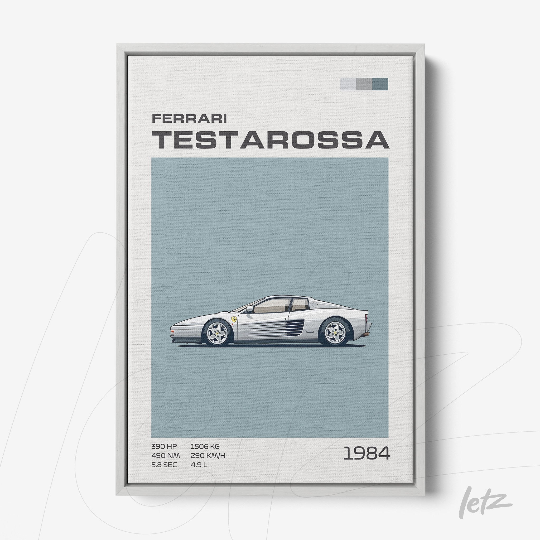 framed artwork featuring a stylized illustration of the Ferrari Testarossa with a light blue background