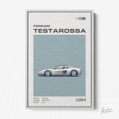 framed artwork featuring a stylized illustration of the Ferrari Testarossa with a light blue background