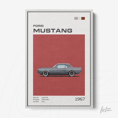 framed art of a 1967 Ford Mustang against a red background with white frame