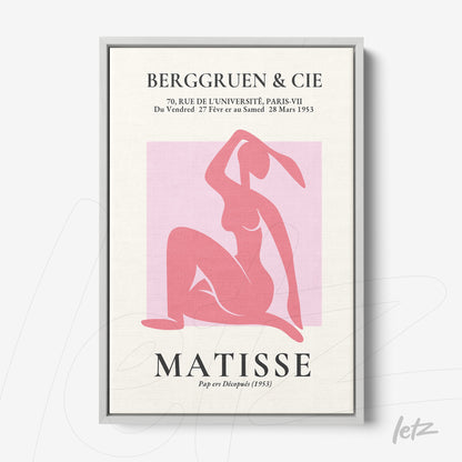 framed modern flat style art on pink background featuring a solid color female figure with silver frame