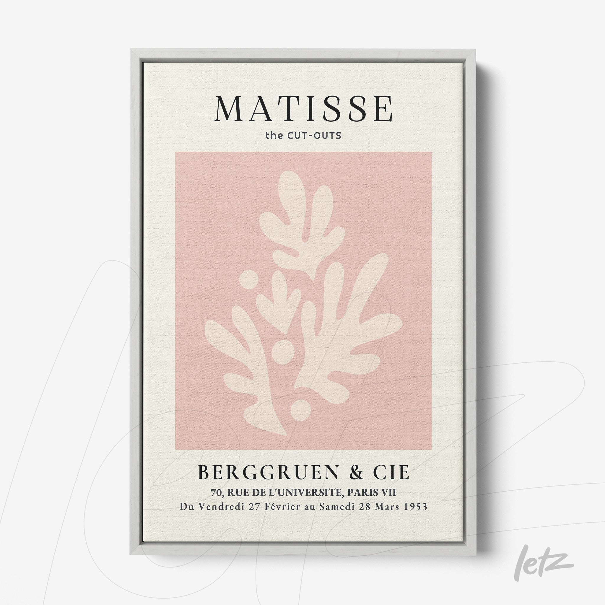 framed art print of Matisse featuring organic shapes in shades of pink on a light background
