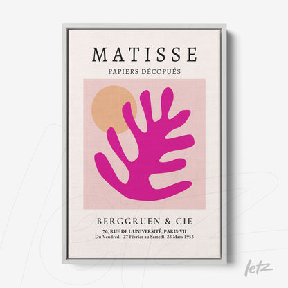 framed wall art featuring modern style pink leaf on light background with geometric shapes, in light gray frame