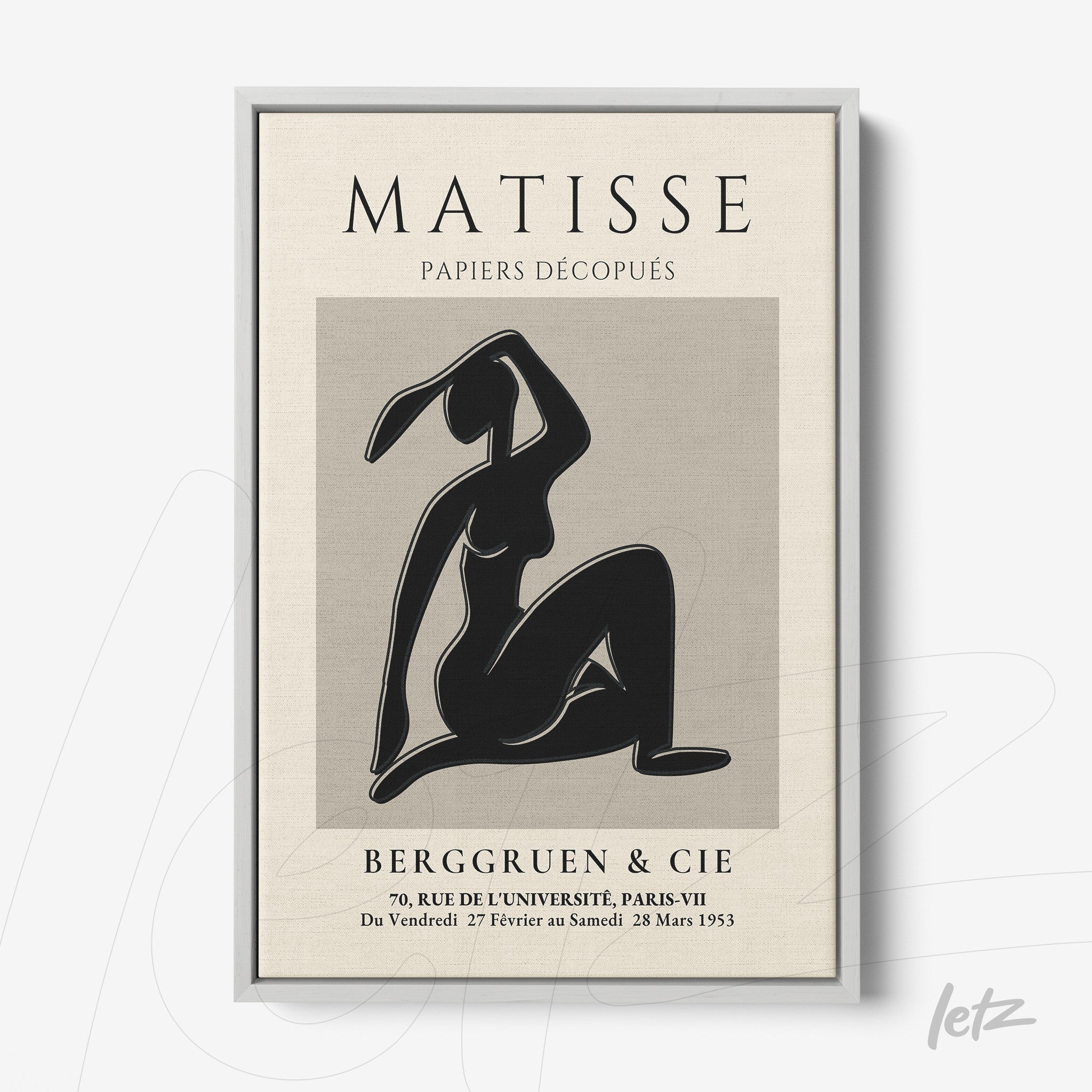 framed art print of a minimalist female figure on a neutral background with silver frame