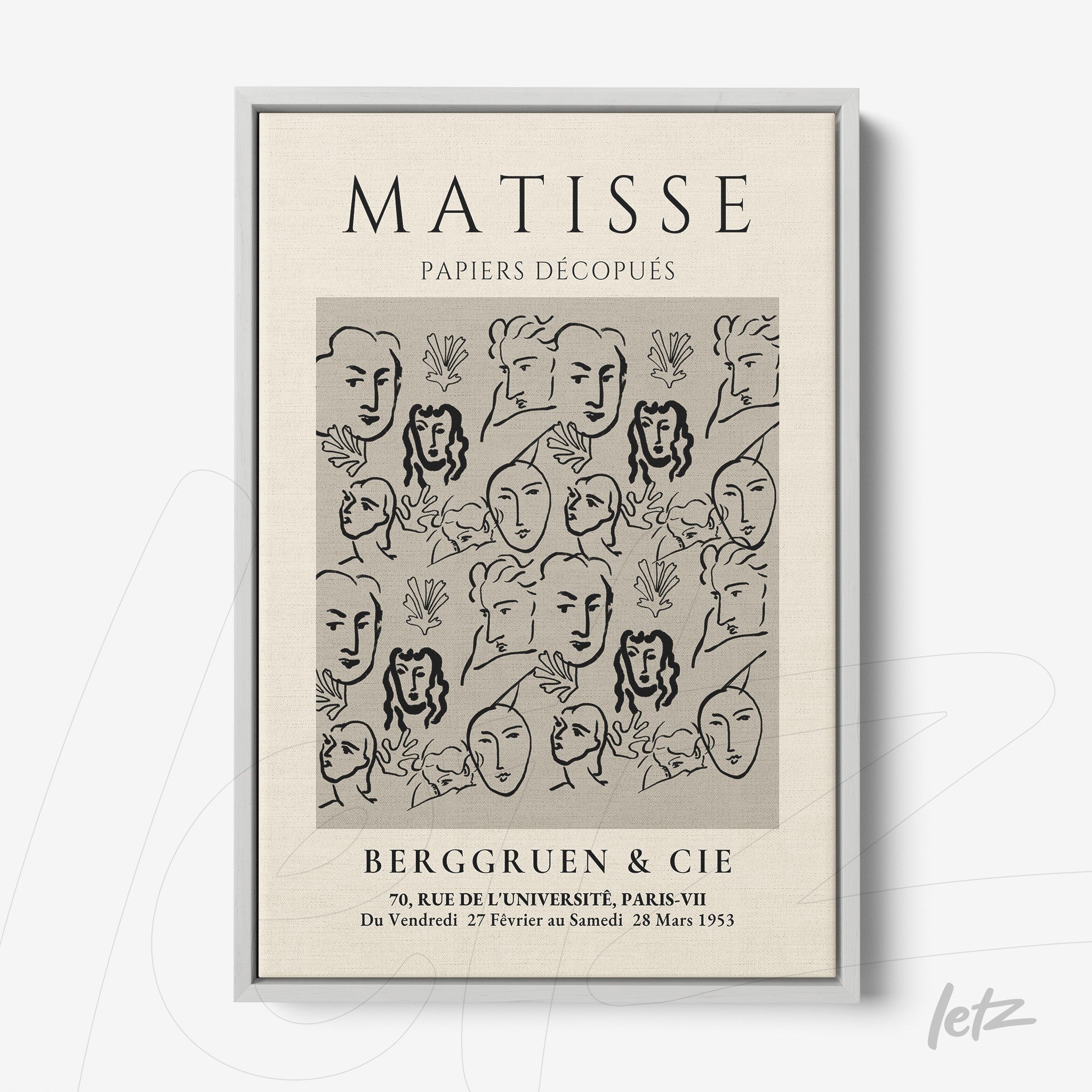 framed artwork featuring matisse style faces in black lines on light background with gray frame