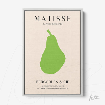 modern art framed piece depicting a stylized green pear on a light background with silver frame