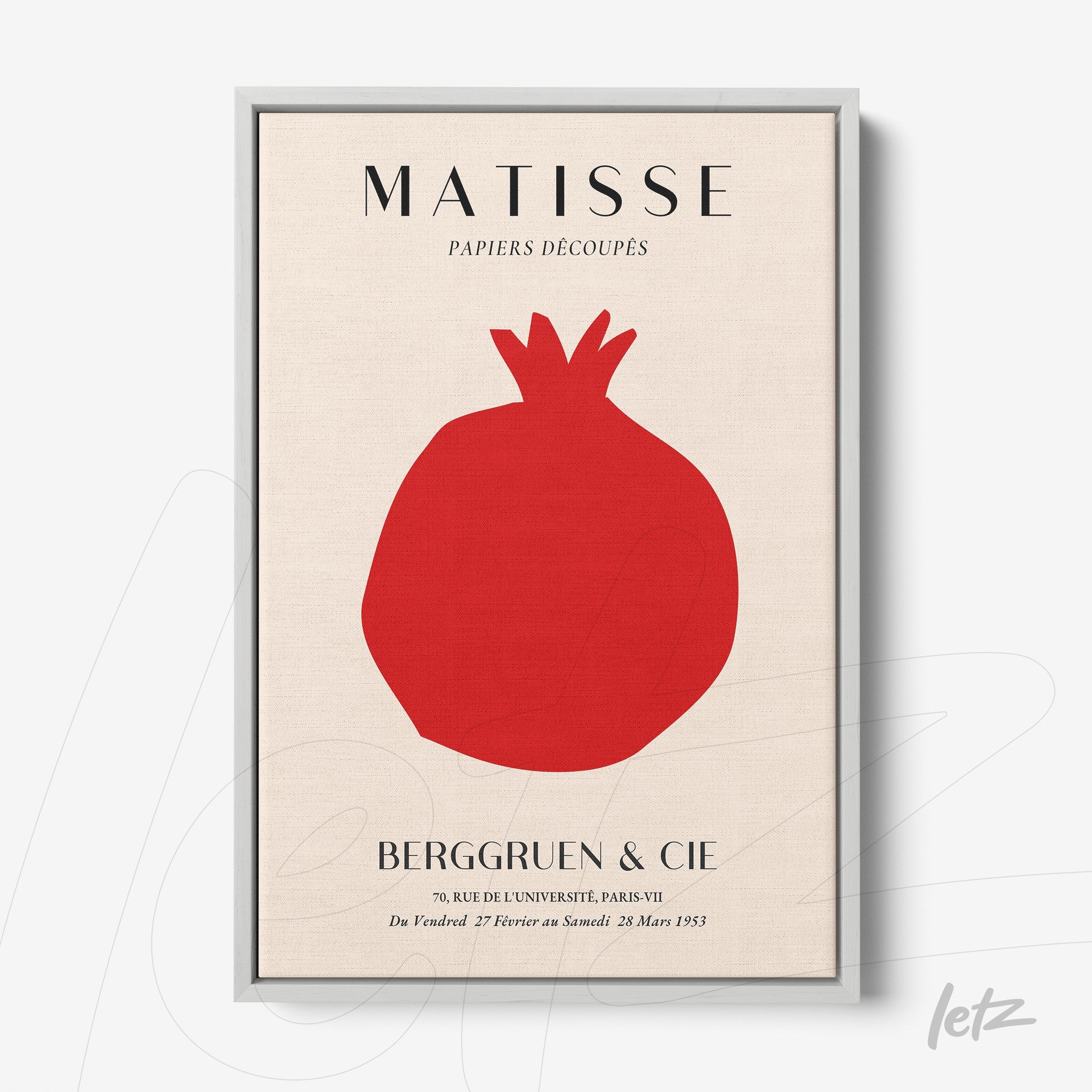 framed art print featuring a red pomegranate silhouette on light background with gray frame