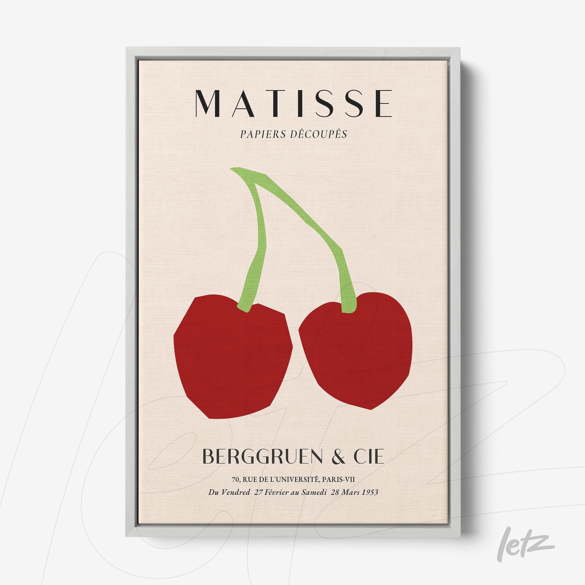 framed abstract art with red cherries and green stems on a light background