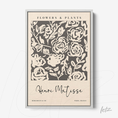 framed modern art print of flowers in beige background with thin silver frame