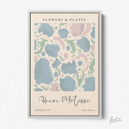 framed artwork featuring floral and plant design in modern style with silver frame