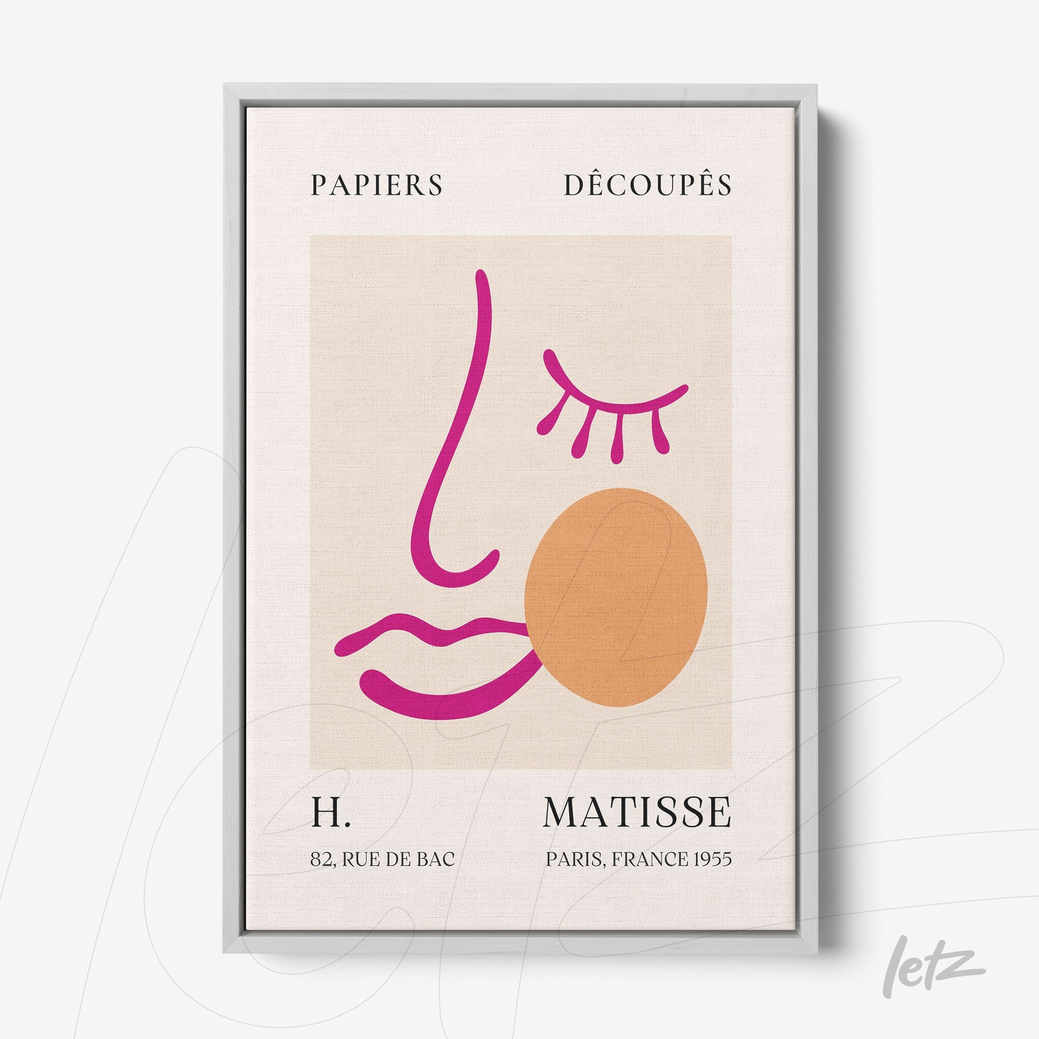framed wall art inspired by Matisse featuring modern abstract shapes in pink and orange tones