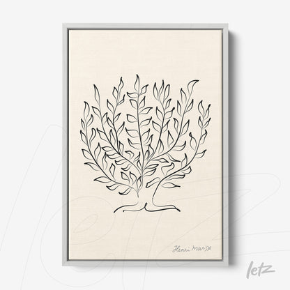 framed artwork featuring fine line illustration of foliage with light gray frame and textured background