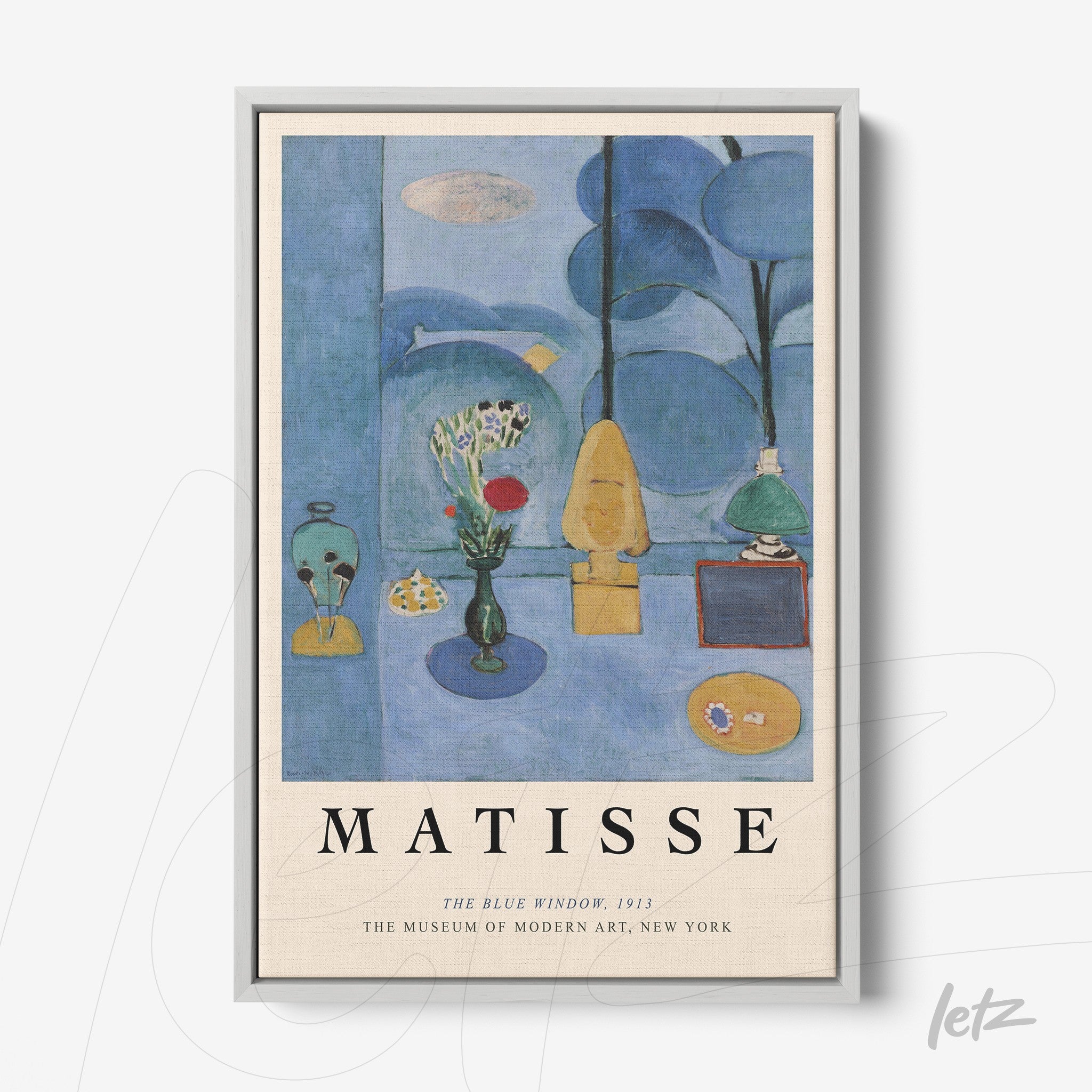 framed art by Matisse depicting a blue window with decorative elements in cool tones