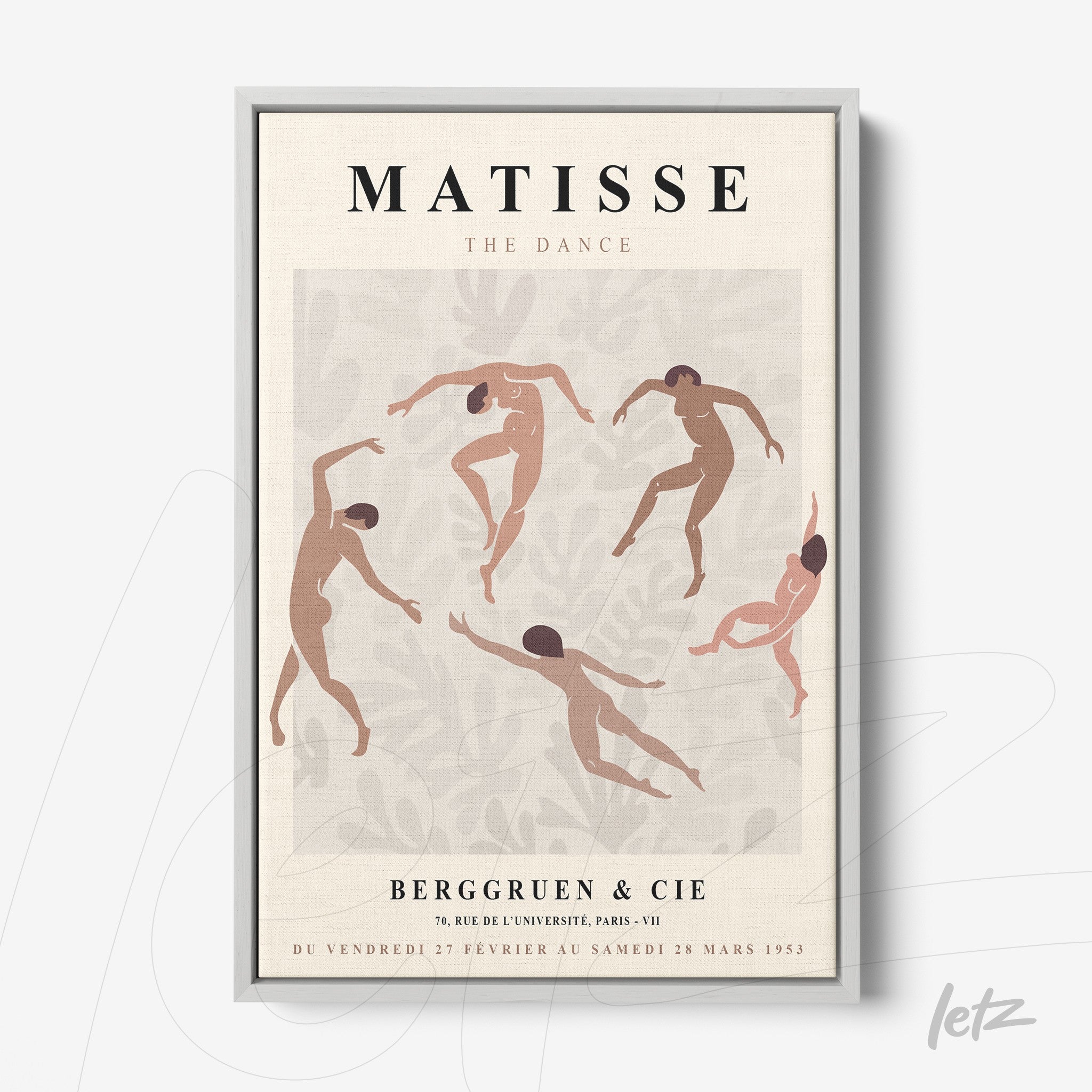 framed artwork depicting stylized dance figures in nude tones against a light background with botanical elements in neutral colors