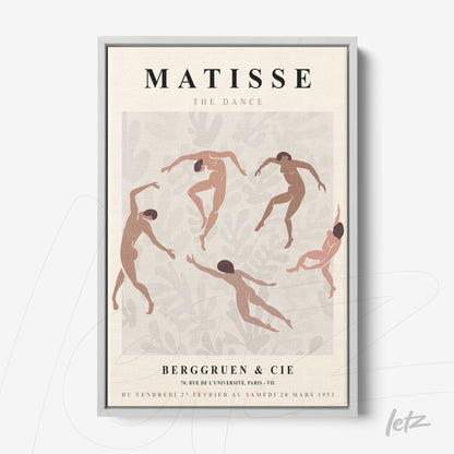 framed artwork depicting stylized dance figures in nude tones against a light background with botanical elements in neutral colors