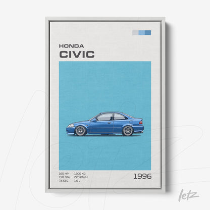 decorative wall art featuring a stylized illustration of a 1996 blue Honda Civic on light blue background