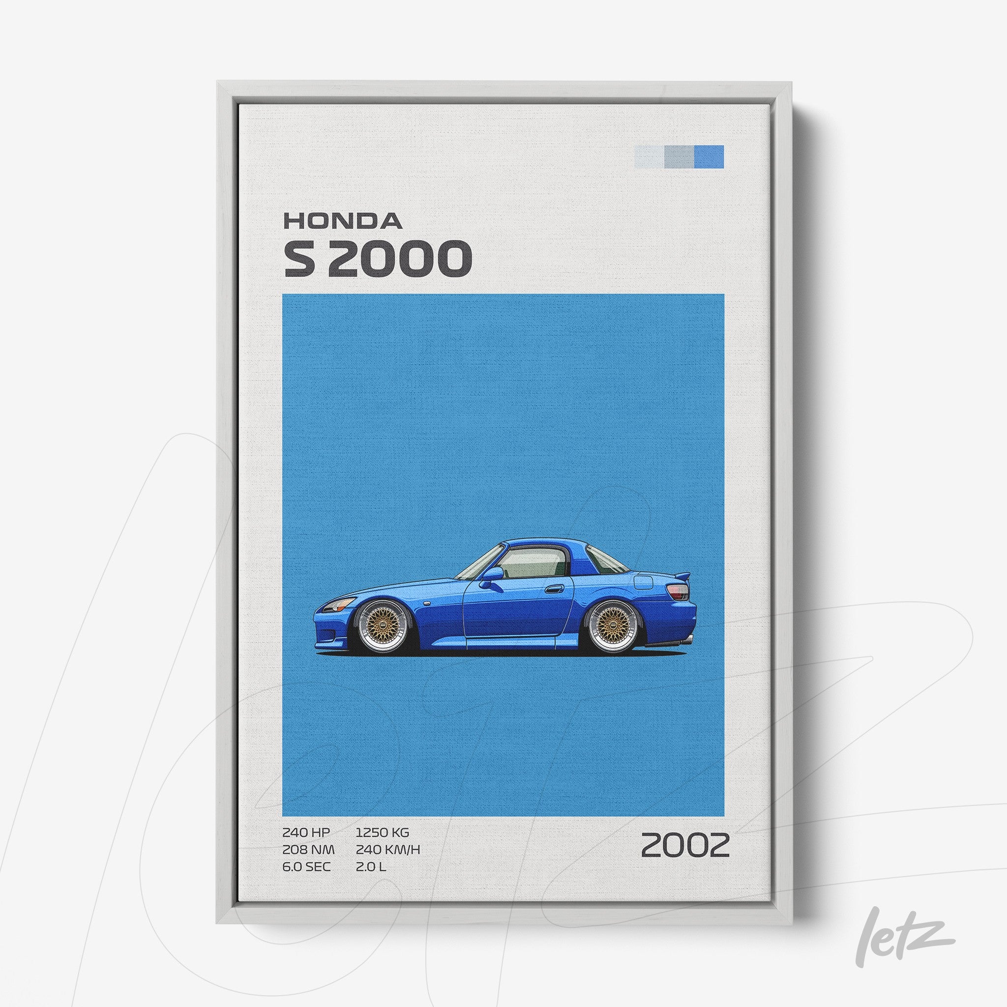 framed wall art of a Honda S2000 car in vibrant blue background with white frame