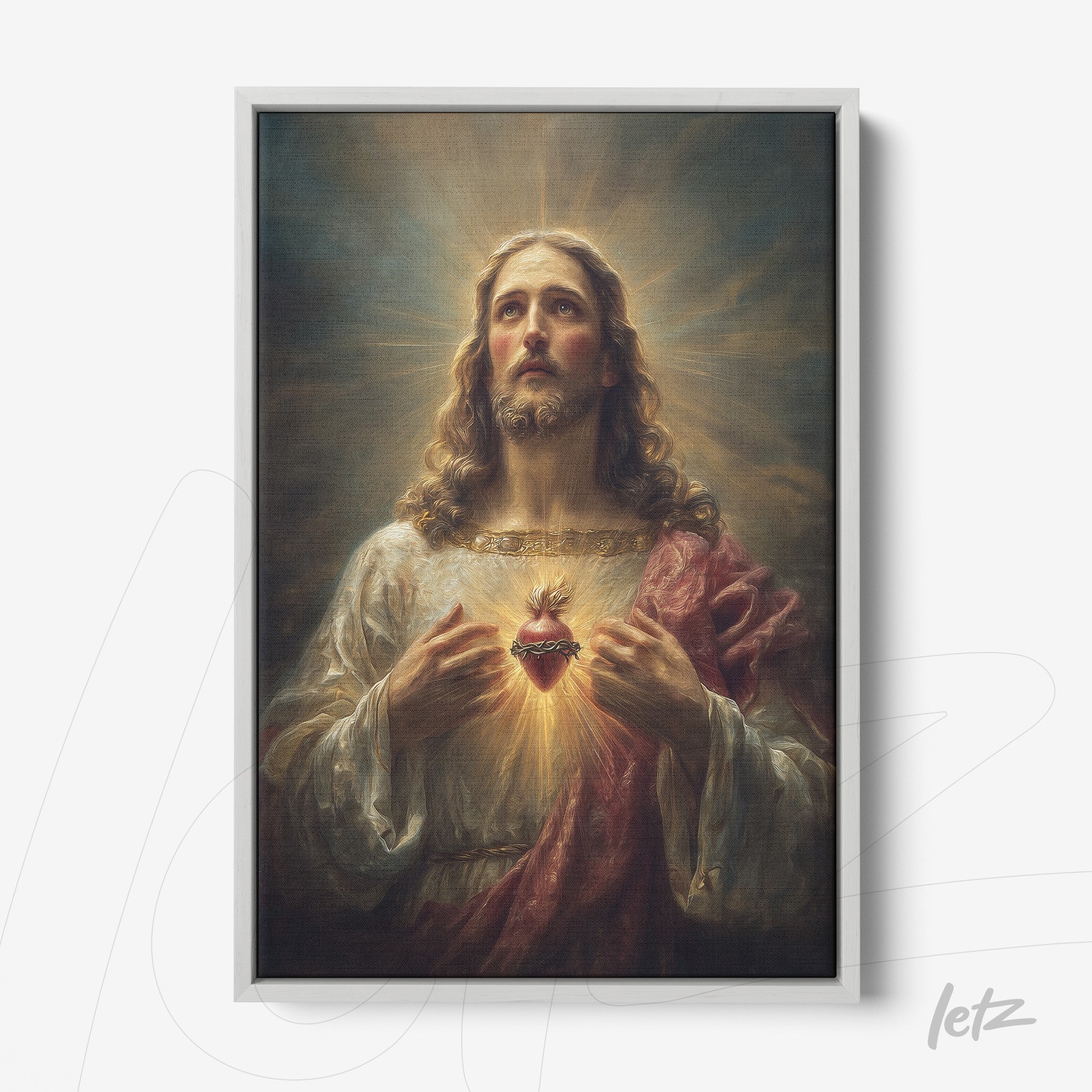 framed artwork of jesus christ with a glowing heart, featuring white frame
