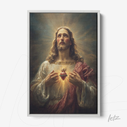 framed artwork of jesus christ with a glowing heart, featuring white frame