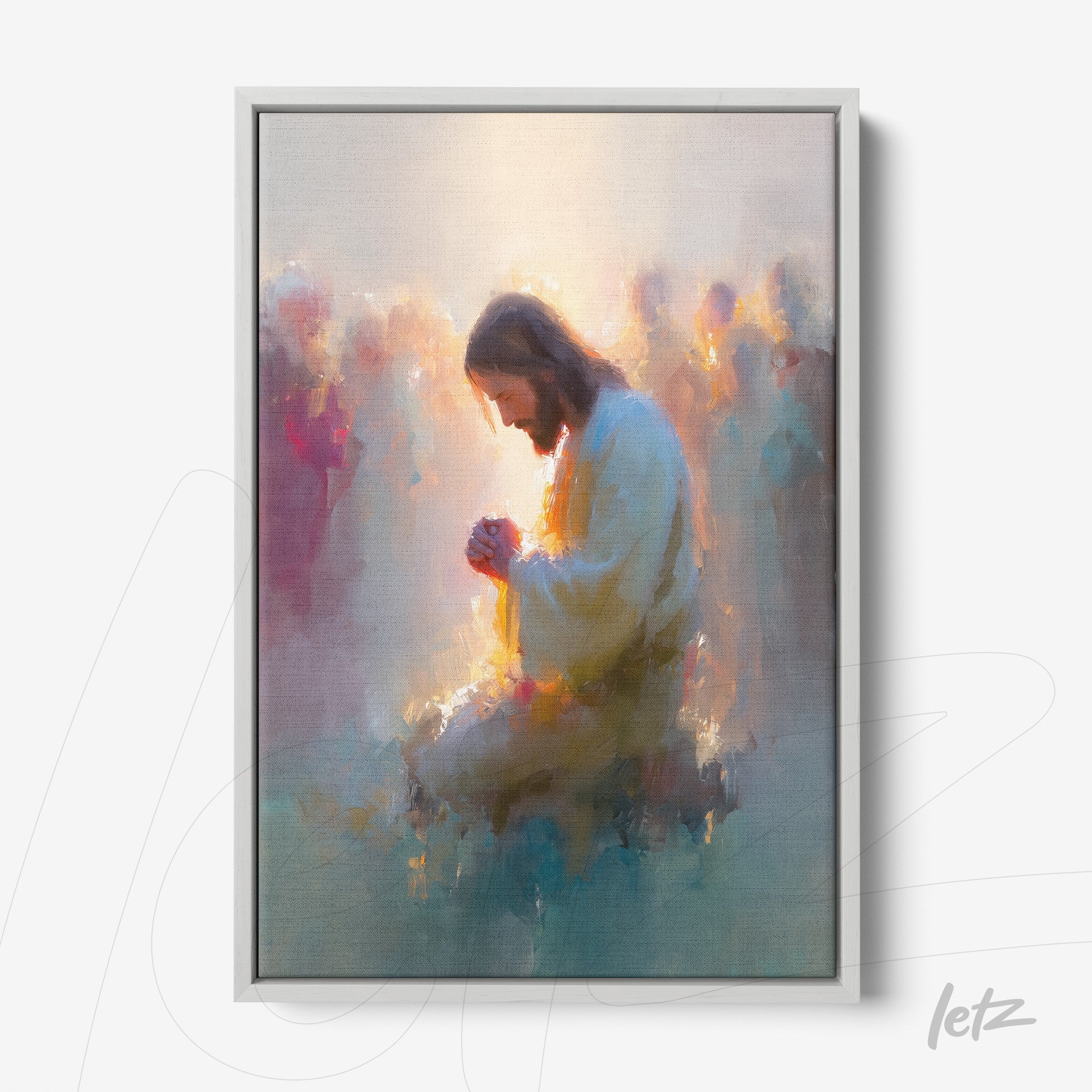 canvas artwork featuring soft and impressionistic representations of Jesus in prayer, surrounded by figures in pastel tones