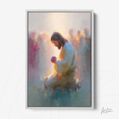 canvas artwork featuring soft and impressionistic representations of Jesus in prayer, surrounded by figures in pastel tones