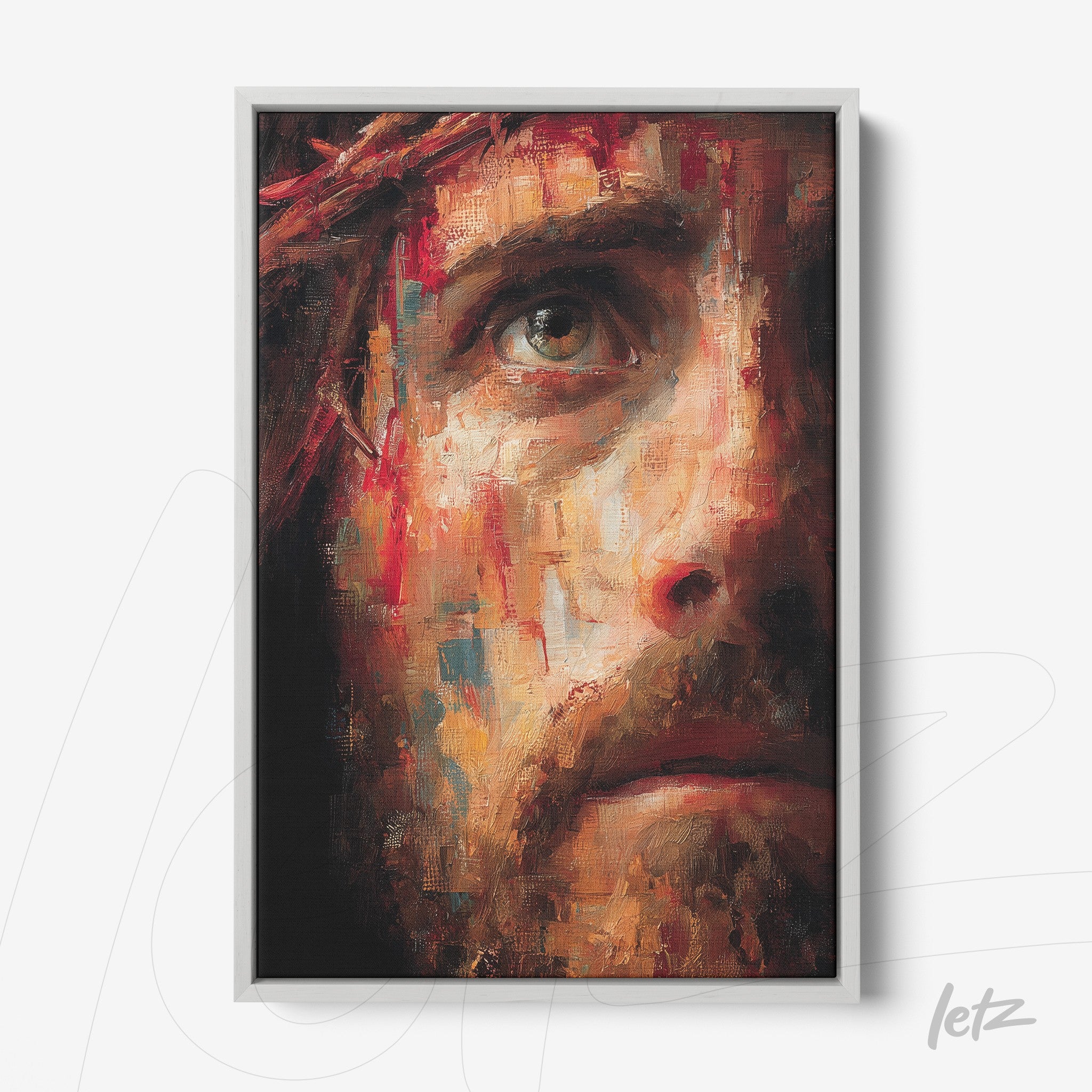 framed artwork featuring an expressive portrait of Christ in impressionist style with a white frame