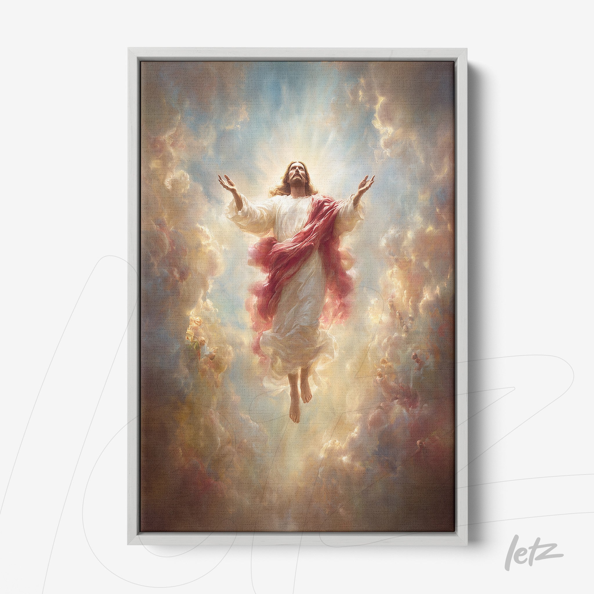 framed artwork of jesus christ ascending among golden clouds with silver frame