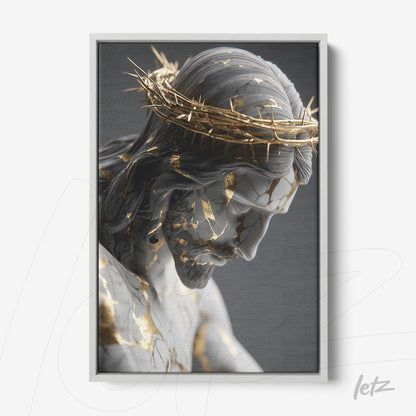 canvas artwork of a marble sculpture of Christ with gold leaf details and white frame