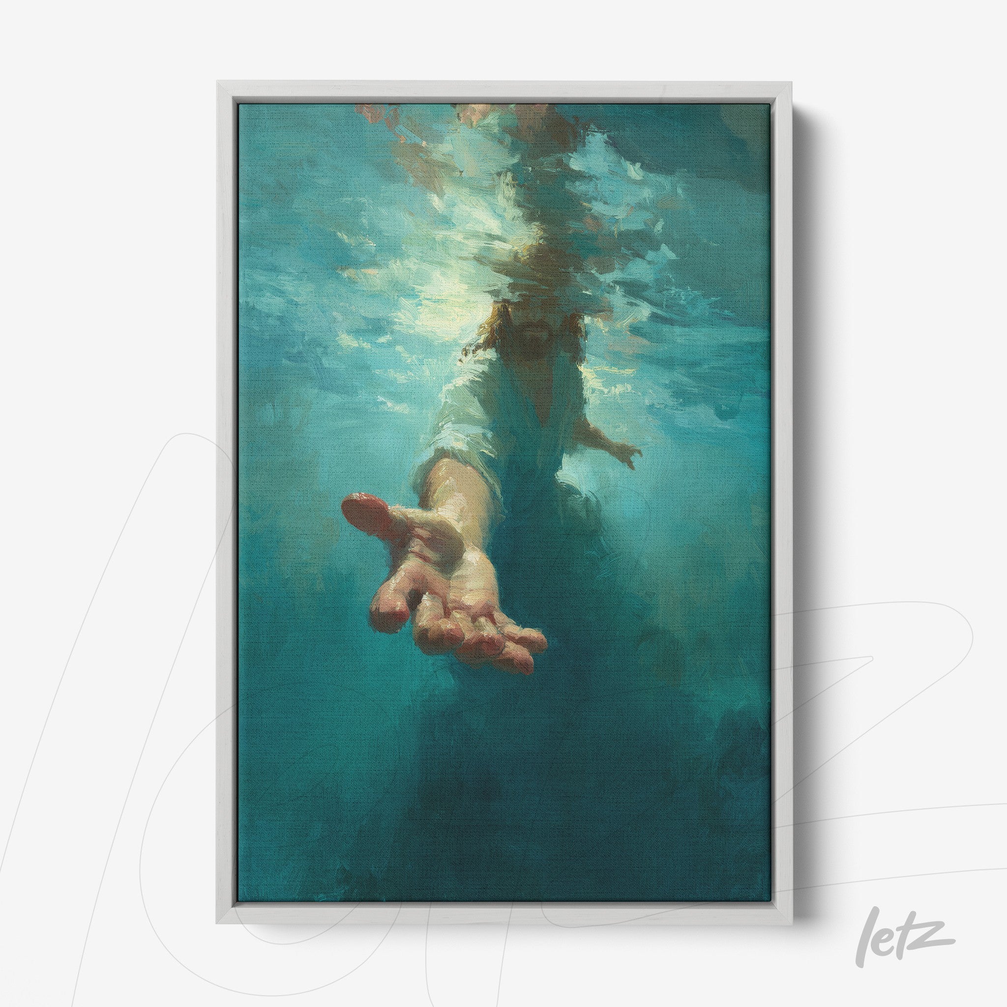 canvas wall art featuring jesus submerged in water with an extended hand reaching towards the viewer against a deep blue background