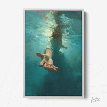 canvas wall art featuring jesus submerged in water with an extended hand reaching towards the viewer against a deep blue background