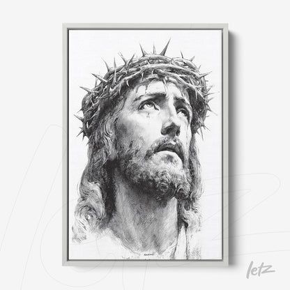 framed classic art depicting the image of Jesus Christ with a crown of thorns in a white frame