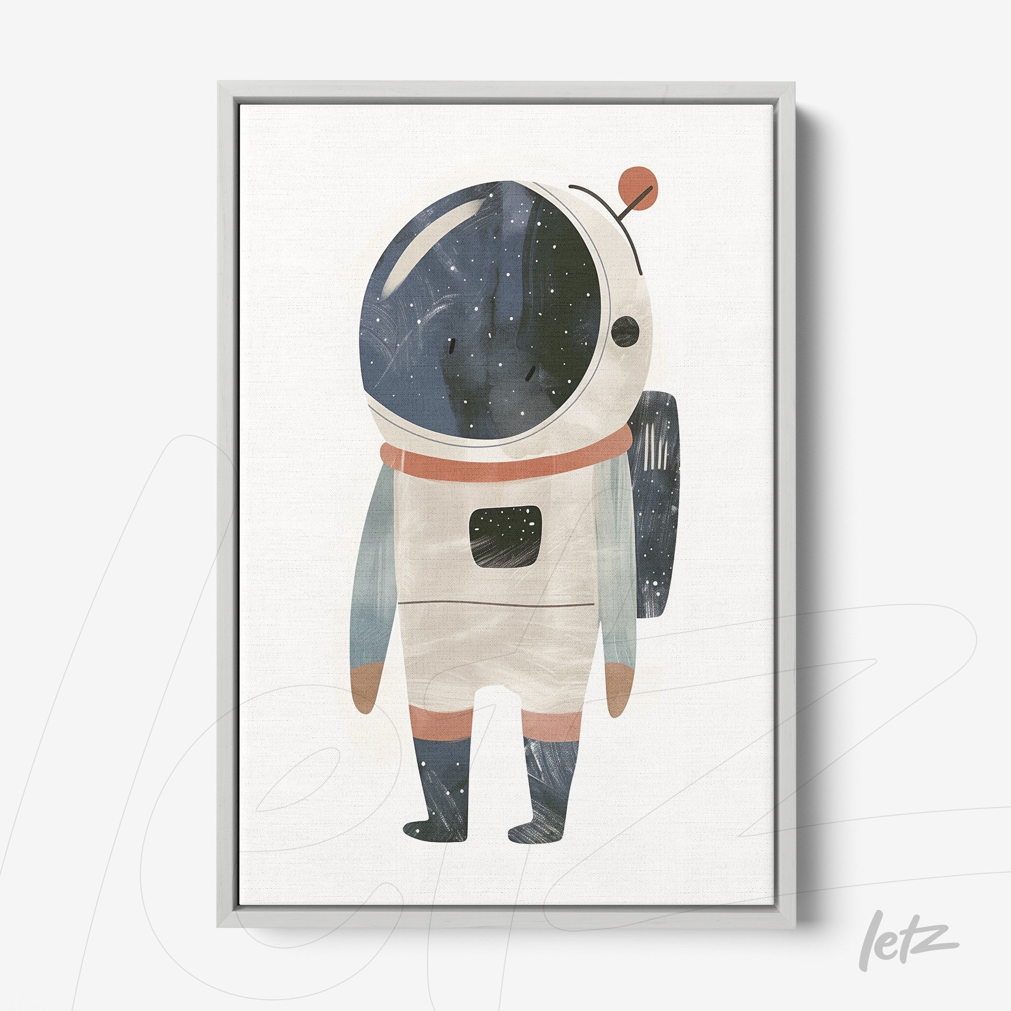 framed artwork of a watercolor astronaut illustration with silver frame and light background