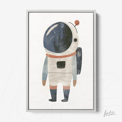 framed artwork of a watercolor astronaut illustration with silver frame and light background
