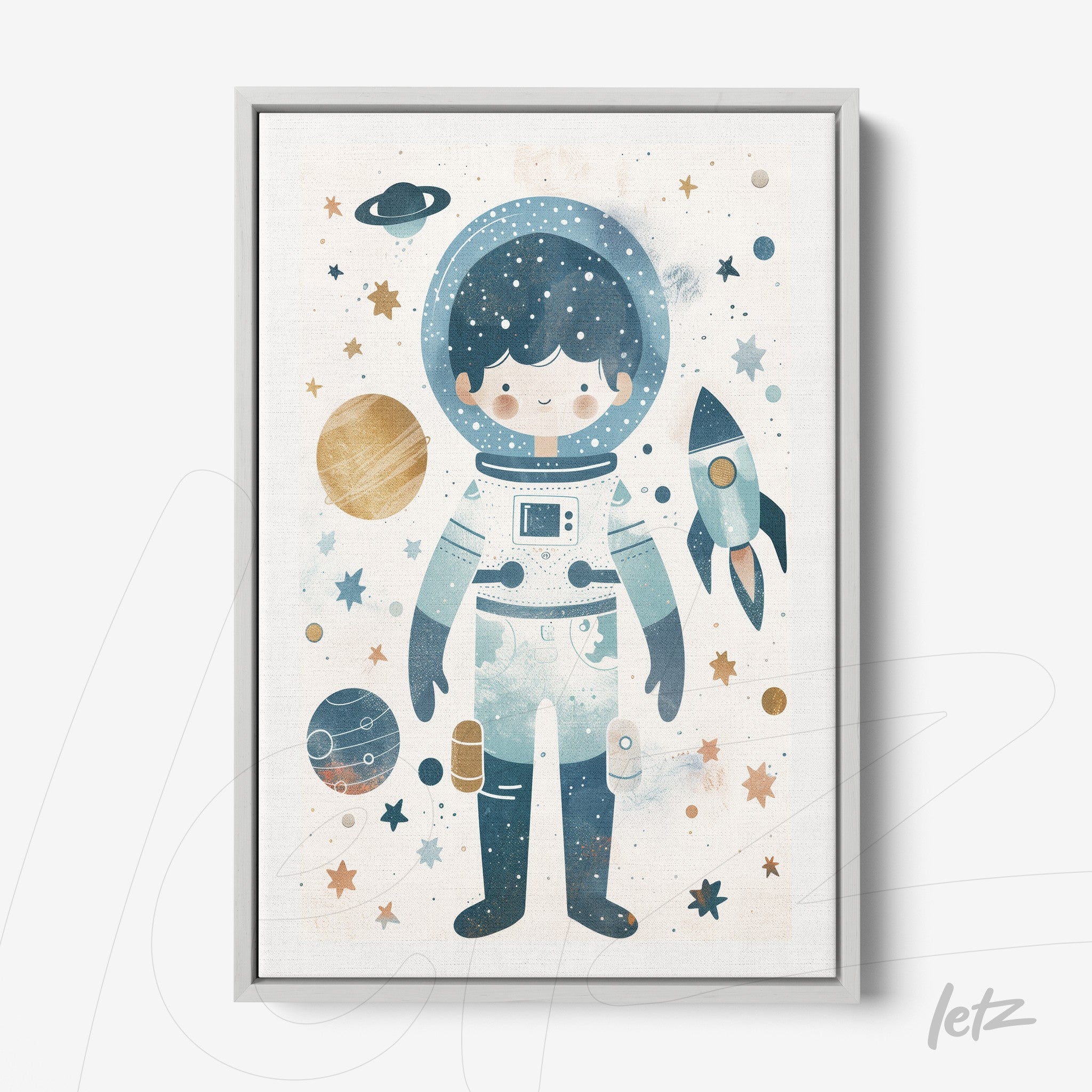 framed art featuring a cute astronaut surrounded by planets and stars with a light gray frame
