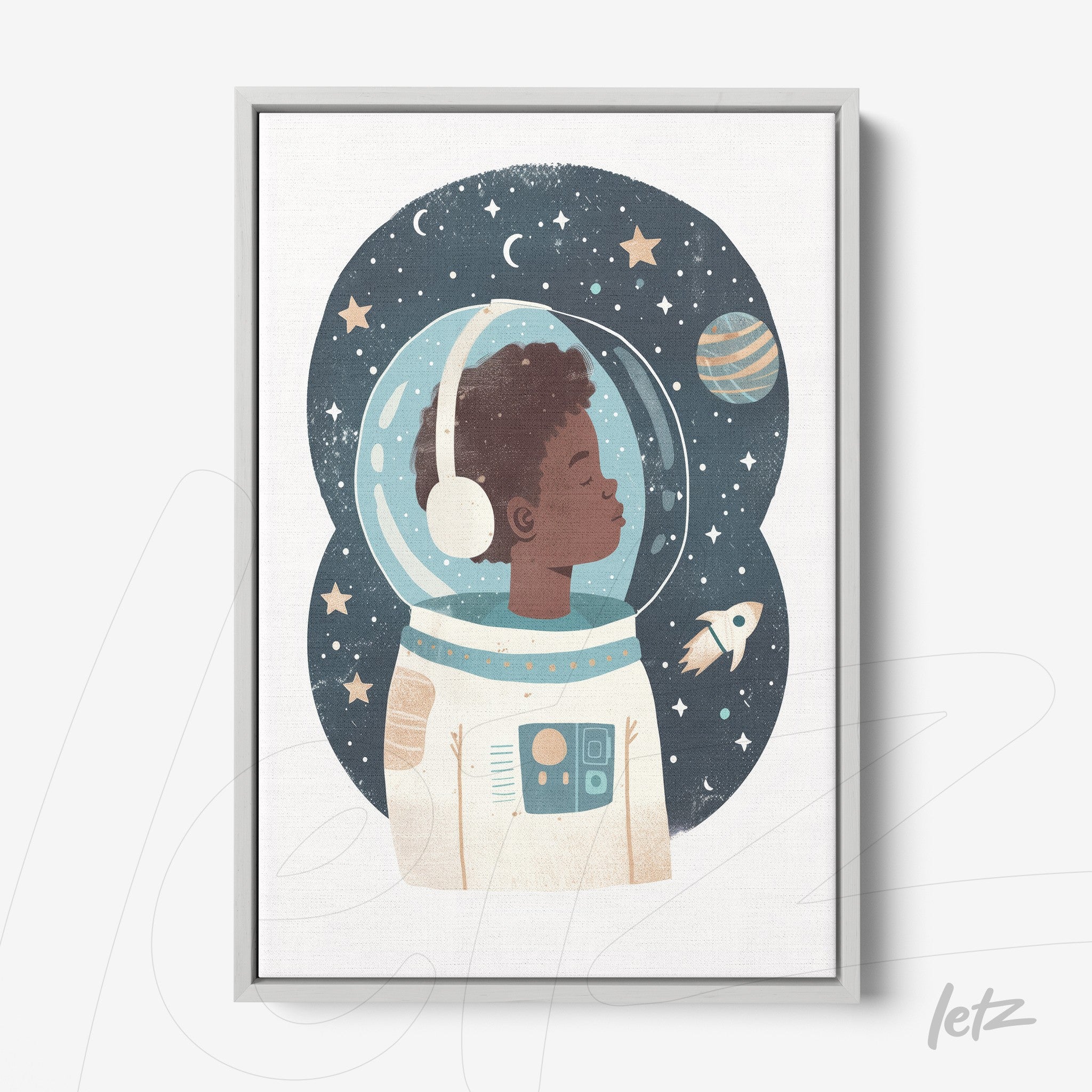 framed artwork of a child astronaut against a starry background with planets and a rocket
