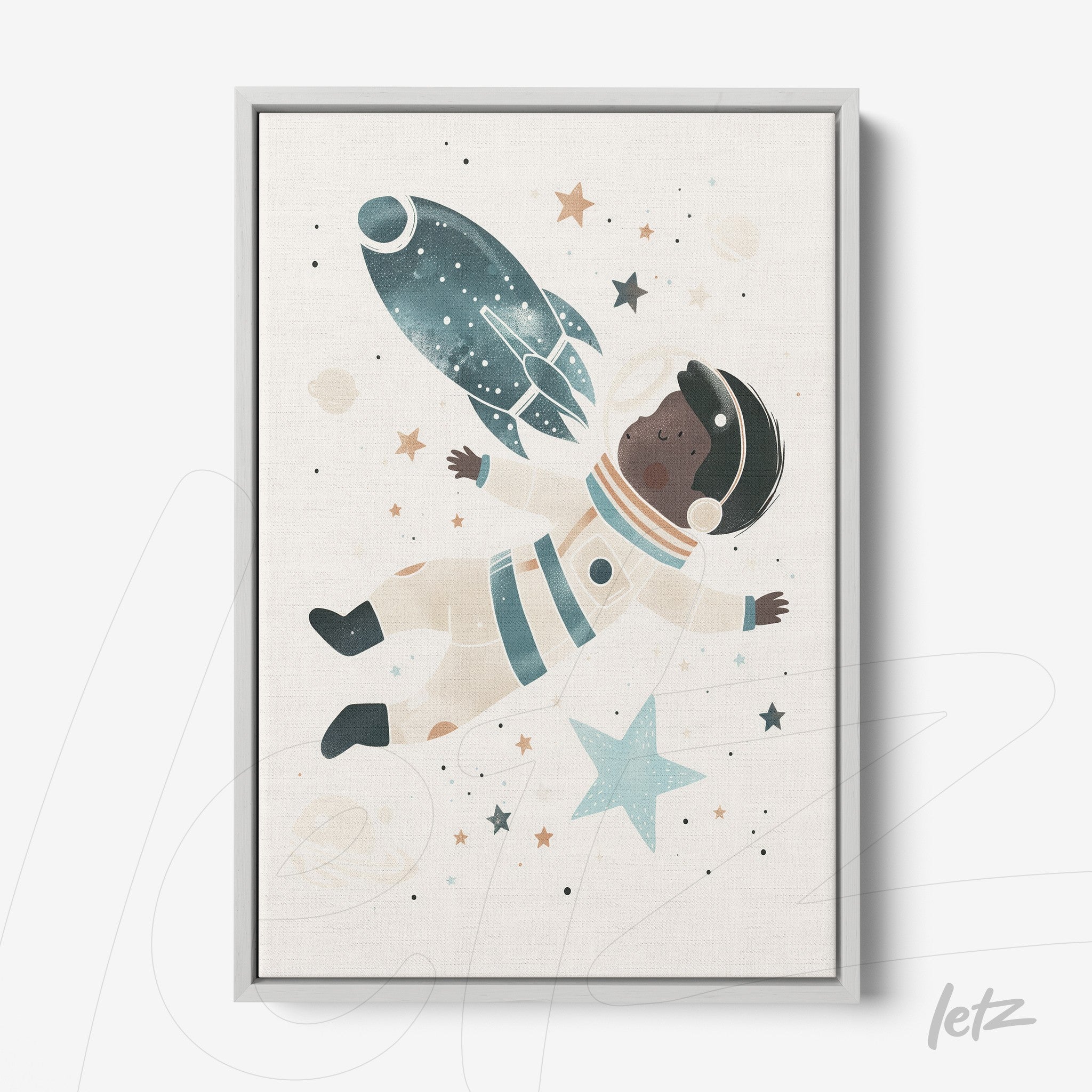 framed artwork featuring a black astronaut floating in space alongside a rocket and stars