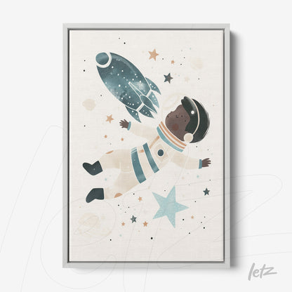 framed artwork featuring a black astronaut floating in space alongside a rocket and stars