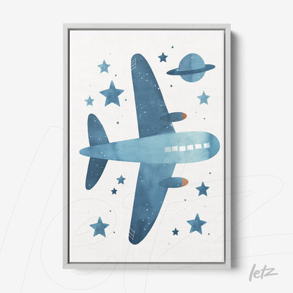 canvas print featuring a blue airplane illustration surrounded by stars and planets on a light background