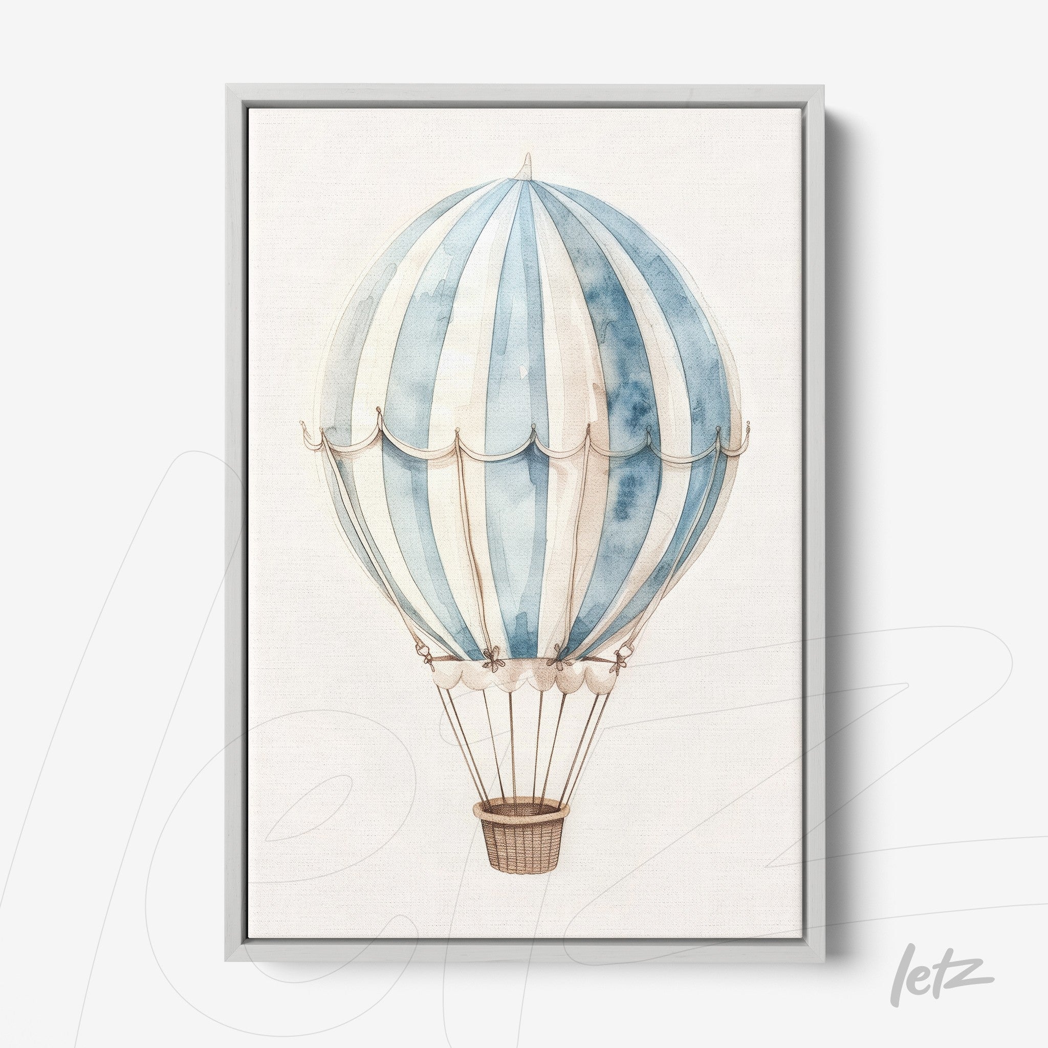 framed artwork of a blue and white striped hot air balloon with light gray frame