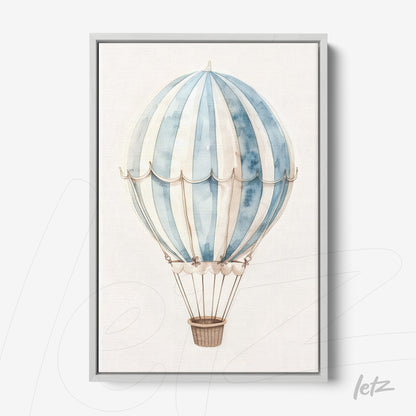 framed artwork of a blue and white striped hot air balloon with light gray frame