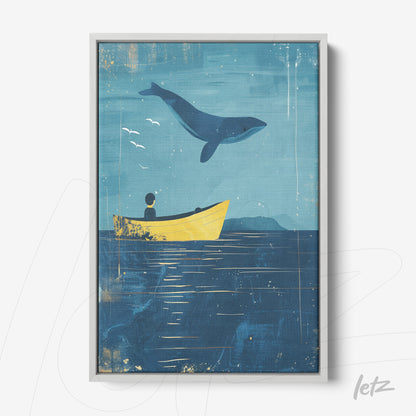 framed art featuring a child in a yellow boat watching a whale breaching against a blue background