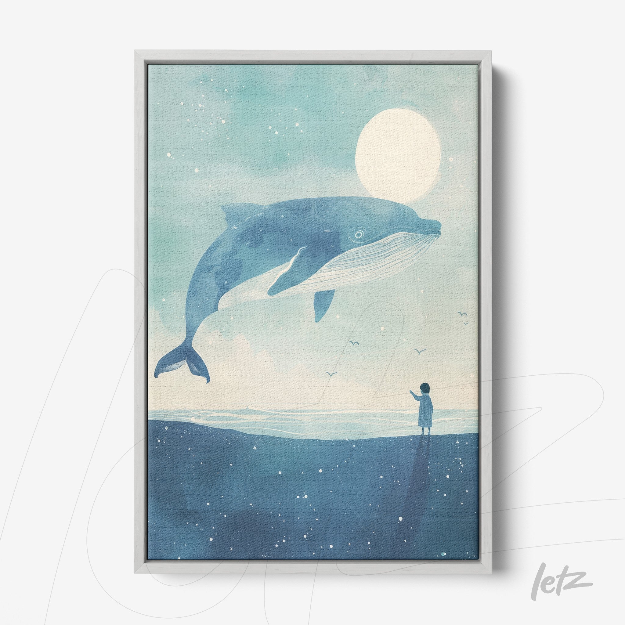 framed artwork featuring a giant blue whale under a light blue sky with a moon and a figure observing at the beach