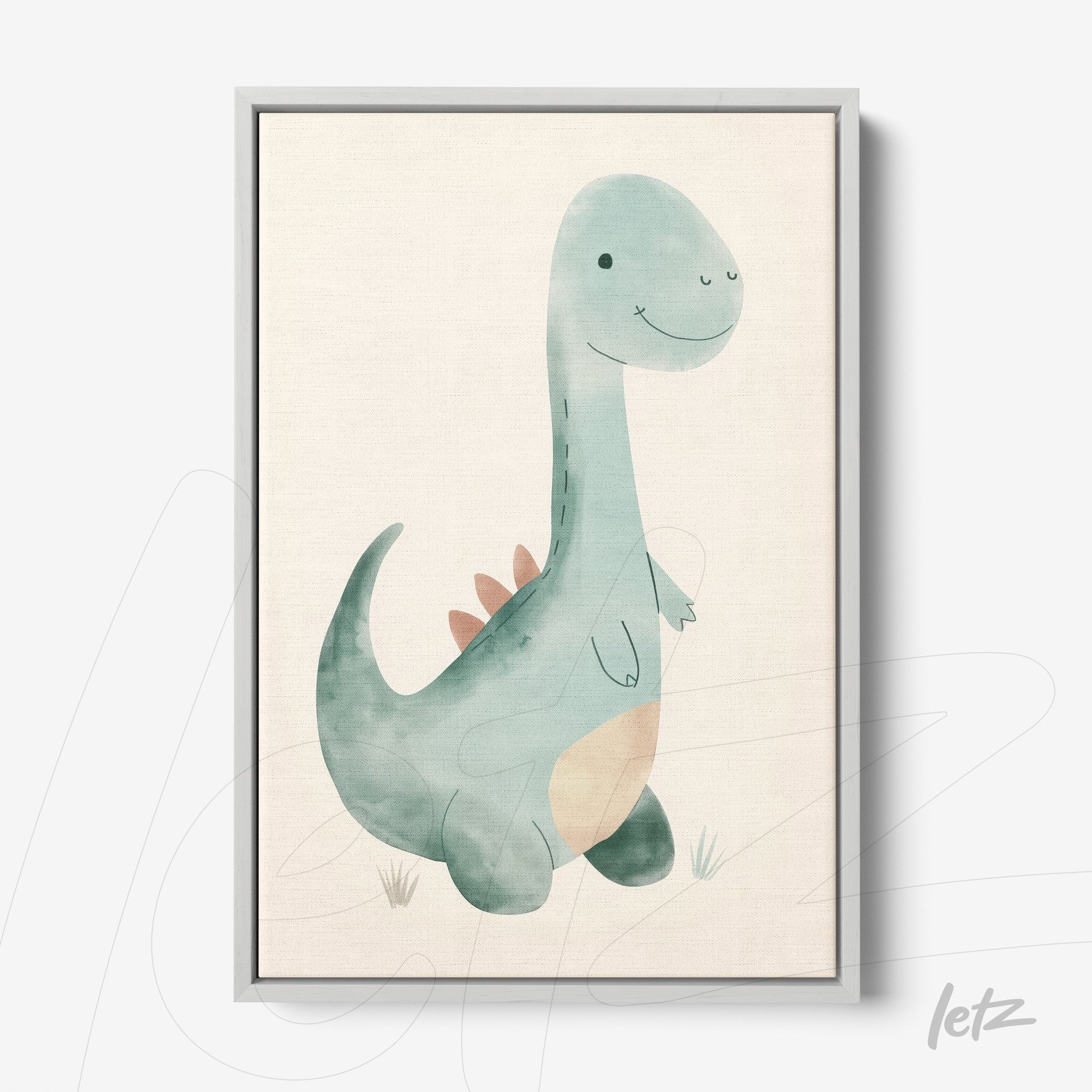 framed watercolor art of a dinosaur with a gray frame