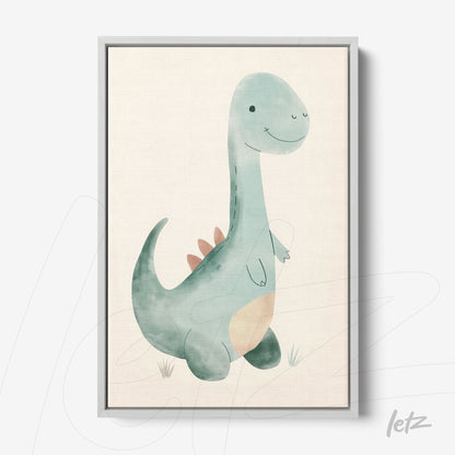 framed watercolor art of a dinosaur with a gray frame