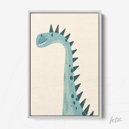 children's wall art featuring a blue and green dinosaur illustration in a gray frame