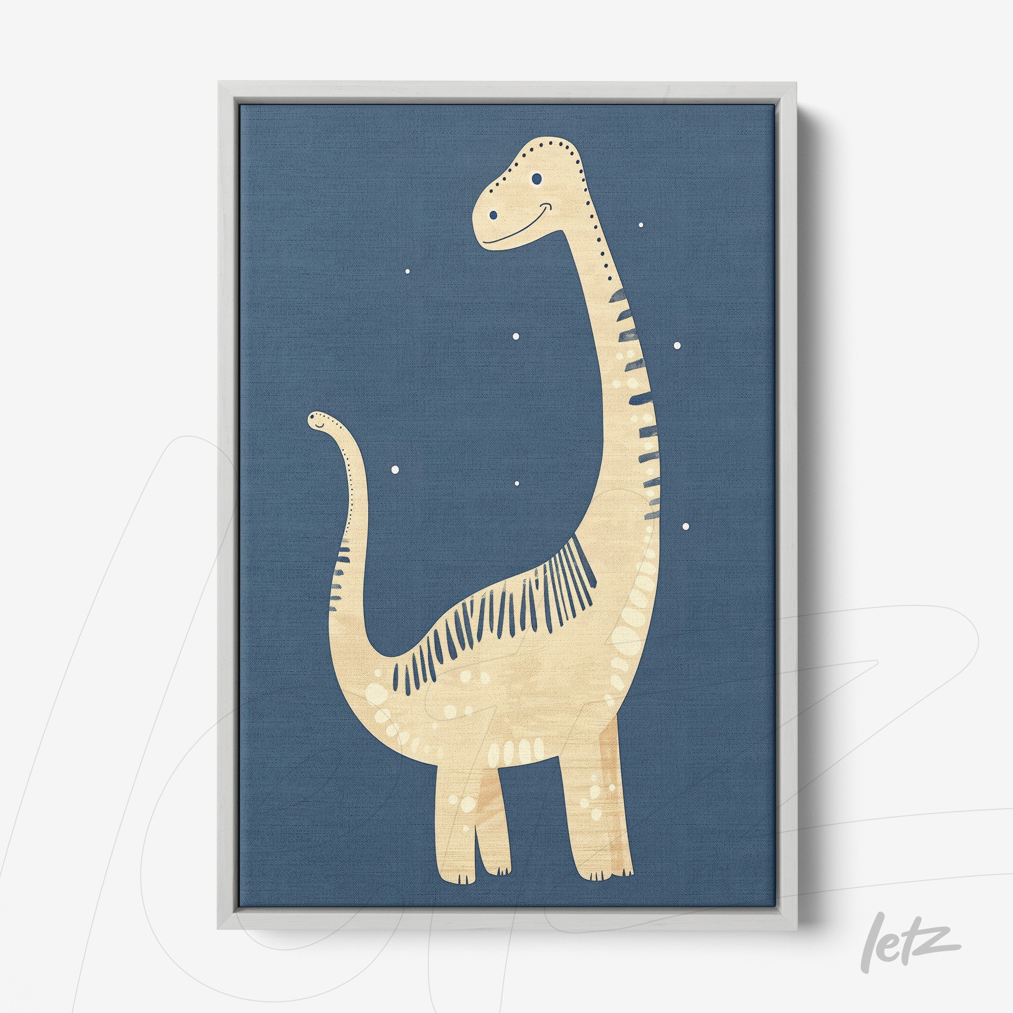 framed wall art featuring a cute cartoon dinosaur in soft colors on a navy blue background