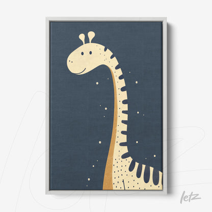 framed artwork of a giraffe on a dark blue background with a light gray frame
