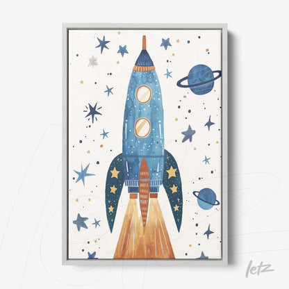 framed art featuring a blue rocket on a starry background with planets and stars in soft colors