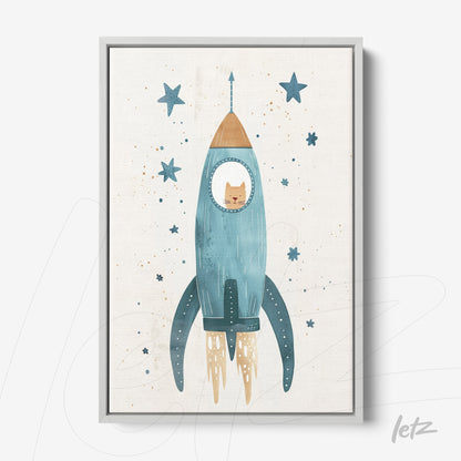 framed artwork featuring a cat inside a blue rocket ship with stars in the background